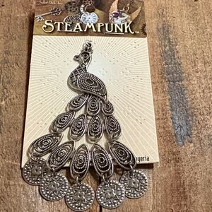 Steampunk Silver Tone Peacock Pendant